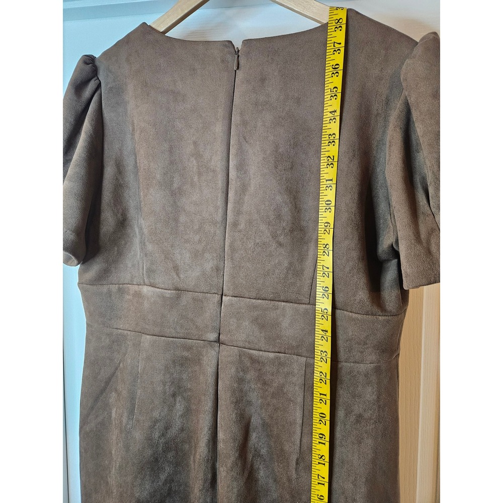 DKNY Brown Faux Suede V-Neck Puff Sleeve Mini Sheath Dress Sz 16 Party Sexy Chic - Picture 7 of 9